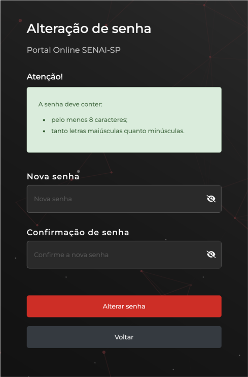 Formulário com os campos para redefinição de senha