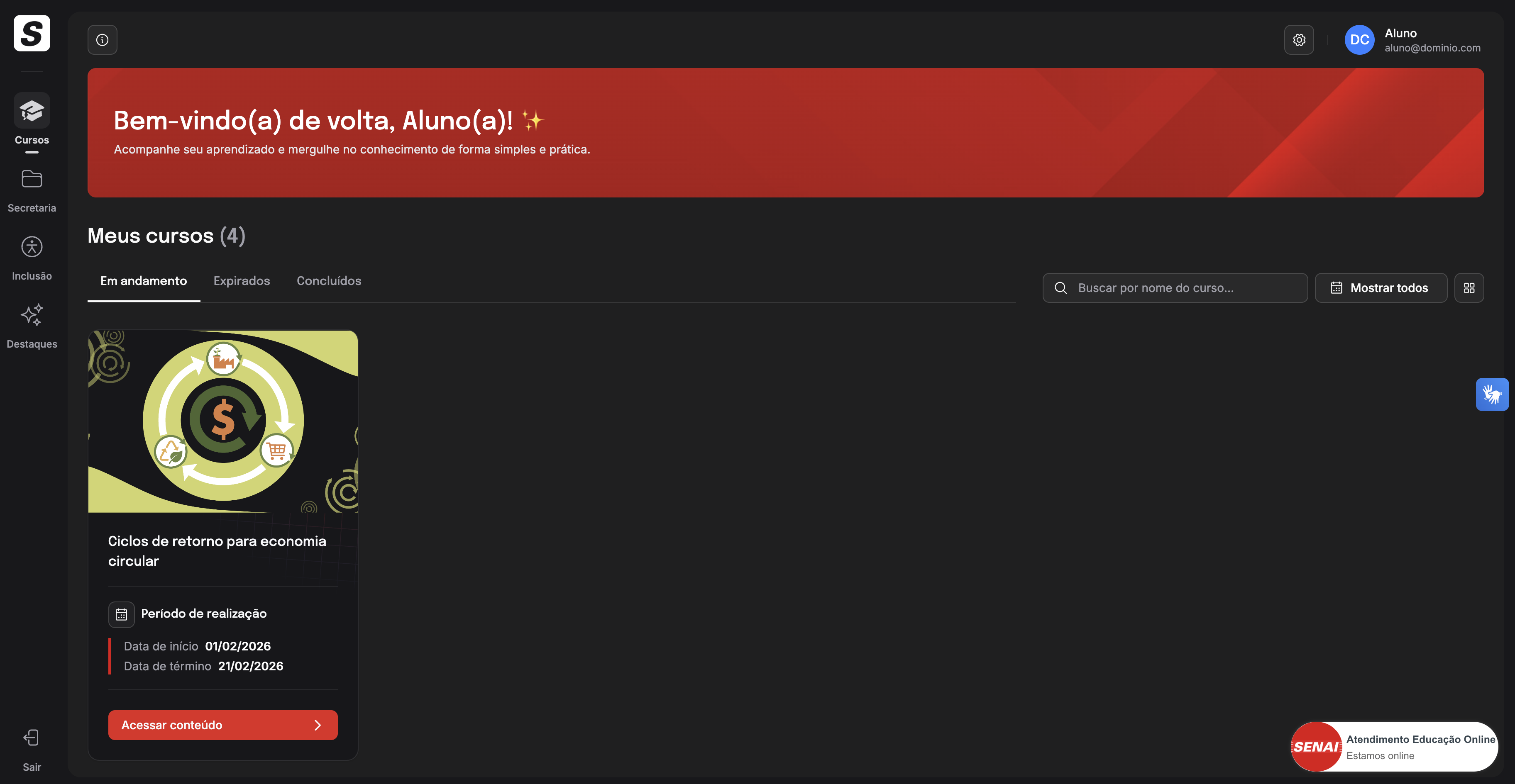 Área de dashboard com os cursos em andamento e concluídos
