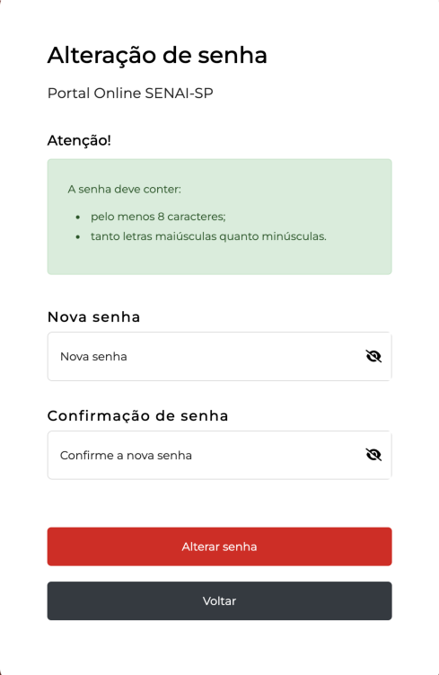 Formulário com os campos para redefinição de senha