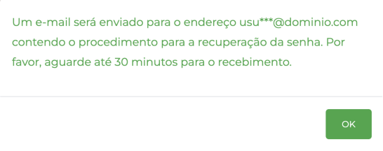 Janela com informativo de instruções para redefinição de senha